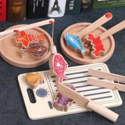 TopBright Inter. 2-in-1 Luxe Snijset Houten Speelgoed Met Mesje En Snijplank - Magnetisch Snijgroente - Speelgoedeten En -drinken & Vissen Houten Magnetisch Visspel - Fishing Game - Fijn Motorisch Vaardigheidsspeelgoed - Speelgoedkeukenaccessoireset