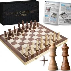 Allerion? Allerion Luxe Schaak Set - 100% Hout - 38cm X 38cm - In Opbergkoffer - Inclusief 2 Extra Dames En Instructieboekje