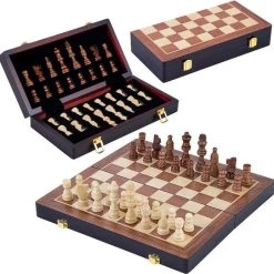 Merkloos HOUTEN CHESS Schaakspel Opklapbaar XL - Schaakbord Compleet Met Schaakstukken - 38.5 X 38.5 X 5.8 Cm