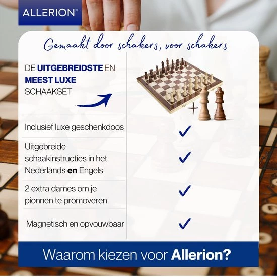 Allerion? Allerion Luxe Schaak Set - 100% Hout - 38cm X 38cm - In Opbergkoffer - Inclusief 2 Extra Dames En Instructieboekje 2 Allerion? Allerion Luxe Schaak Set - 100% Hout - 38cm X 38cm - In Opbergkoffer - Inclusief 2 Extra Dames En Instructieboekje - Afbeelding 2