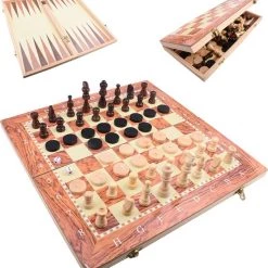 Merkloos Schaakbord | Dambord | Backgammon | 34 X 34 Cm | Schaakspel | Schaakset | Schaken | Dammen | Met Schaakstukken | 3-in-1 Bordspel | Chess | Hout | Opklapbaar
