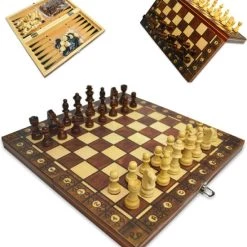 Merkloos Schaakbord | Dambord | Backgammon | 29 X 29 Cm | Schaakspel | Schaakset | Schaken | Dammen | Met Schaakstukken | 3-in-1 Bordspel | Magnetisch | Chess | Hout | Opklapbaar